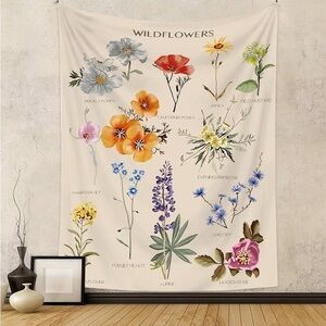 Floral Wildflowers Tapestry Wall Art - Cream and Multicolor